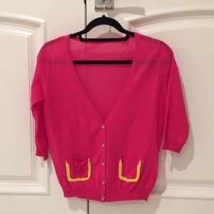 Hot pink V-neck 3/4 sleeve cardigan